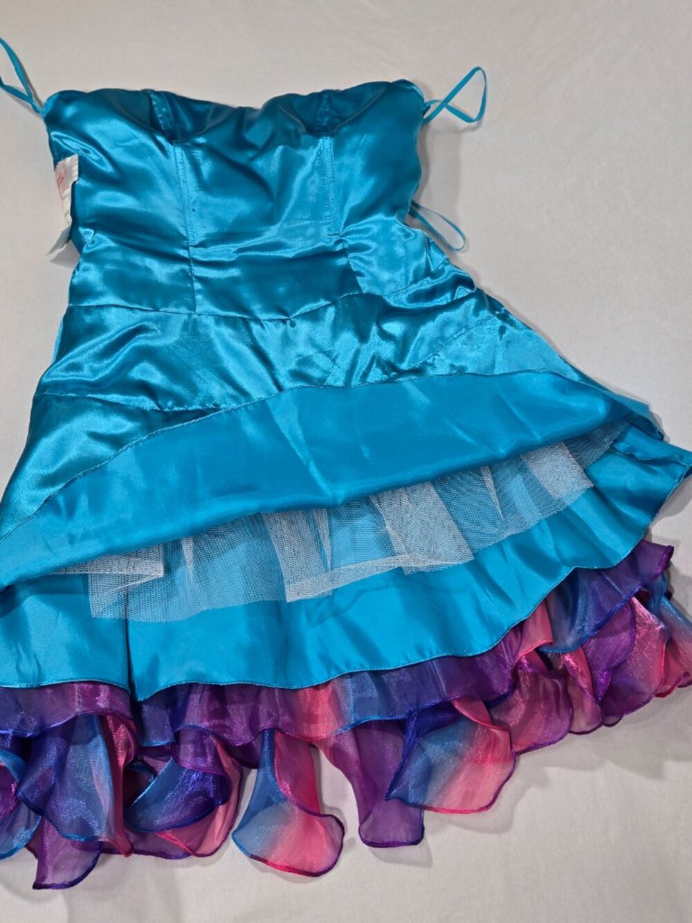 Y2K Vintage PRECIOUS FORMALS Blue-Ombre Strapless Ruffles Mini DRESS Size 8-12. - Picture 12 of 17